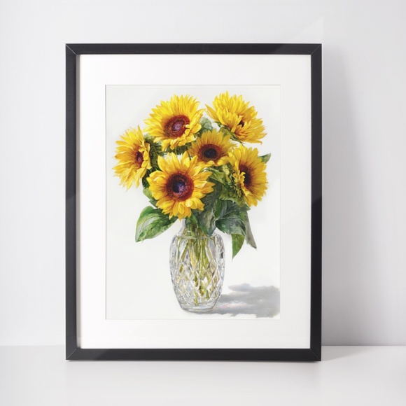 Watercolor Sunflowers in Crystal Vase Wall Art Print, Unframed - Luminous Floral - Picture 3 of 7